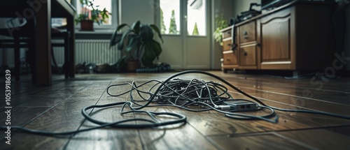 A clutter of cables sprawls across a hardwood floor, illustrating a scene of disarray and disorganization in a home living room.