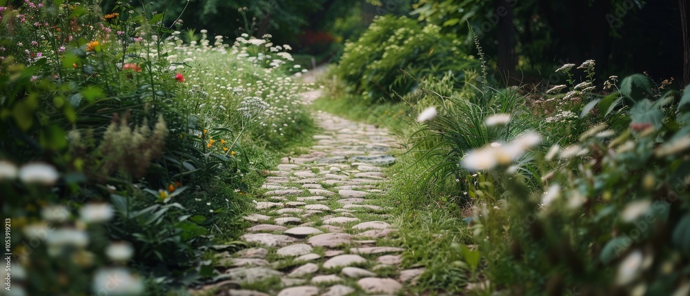 Fototapeta premium A serene cobblestone pathway winds through a lush, blooming garden, inviting a tranquil stroll surrounded by vibrant flora and nature's beauty.