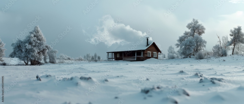 A solitary cabin amid a snowy expanse puffing smoke, epitomizing tranquility and solitude against the backdrop of a frosted landscape. A solitary cabin amid a snowy expanse puffing smoke, epitomizing tranquility and solitude against the backdrop of a frosted landscape.