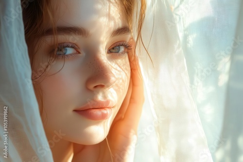 Fingers delicately applying sunscreen onto the face, glowing skin, natural light filtering through sheer curtains, fresh and radiant morning vibe photo