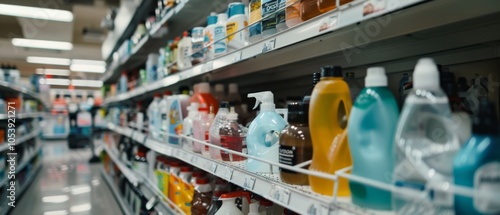 Wallpaper Mural Store shelves brim with vibrant cleaning products, showcasing a colorful array of bottles under fluorescent lighting in a bustling supermarket. Torontodigital.ca