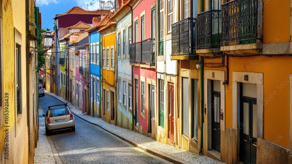 Naklejka premium Explore vibrant, colorful streets in this charming European town, showcasing traditional architecture and picturesque alleyways perfect for unforgettable travel adventures.
