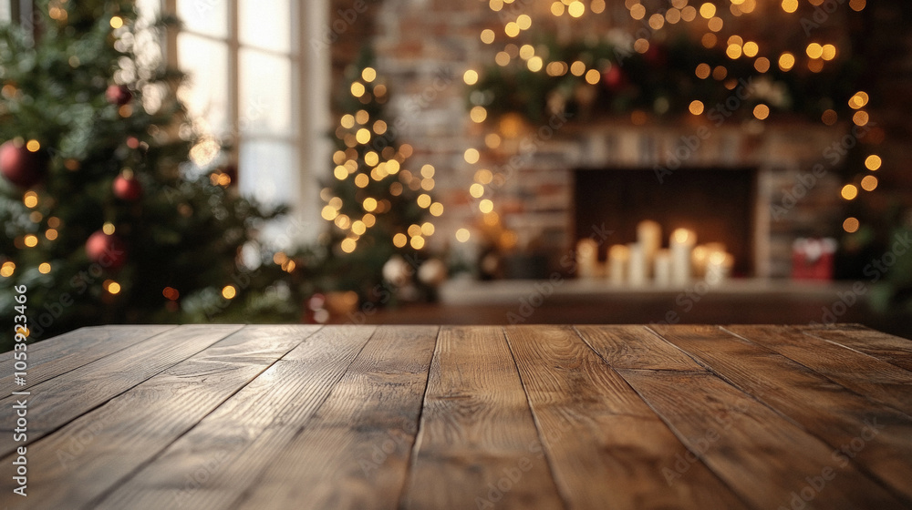 A wooden table with a fireplace in the background and a Christmas tree in the foreground. Scene is warm and cozy, perfect for the holiday season A wooden table with a fireplace in the background and a Christmas tree in the foreground. Scene is warm and cozy, perfect for the holiday season