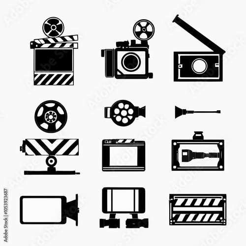 video icons. shooting set icon. Film shooting, camera, old film, clapboard symbol for app, website, design element. movie concept. vector illustration on transparent background.