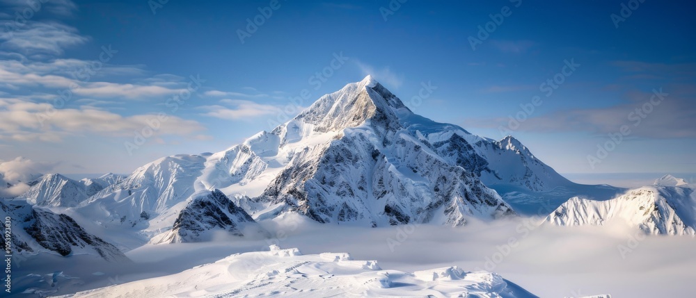 Fototapeta premium Towering snow-capped peaks rise above the clouds, creating a dramatic and awe-inspiring view of nature's majestic beauty in its untouched form.