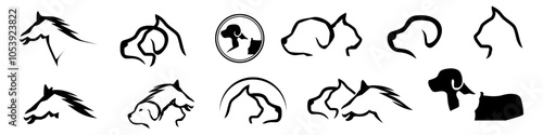  cats, horses, dogs, animal logo sets, abstract, line, illustrations, pet shops, animal training logo designs, shops, businesses