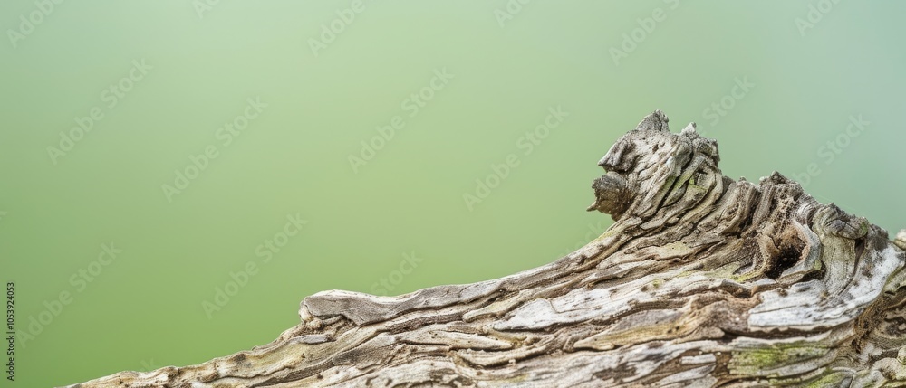 Obraz premium A weathered tree trunk shows intricate textures against a smooth, green backdrop, highlighting nature's artistry and the beauty of organic patterns.