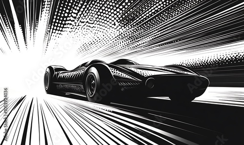 A black and white illustration of a classic race car speeding through a tunnel of light.
