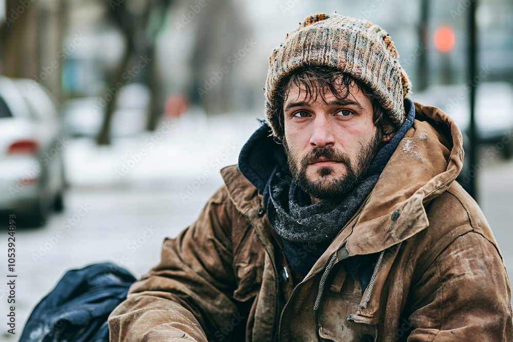 Obraz premium dirty homeless man sitting on the street with copy space