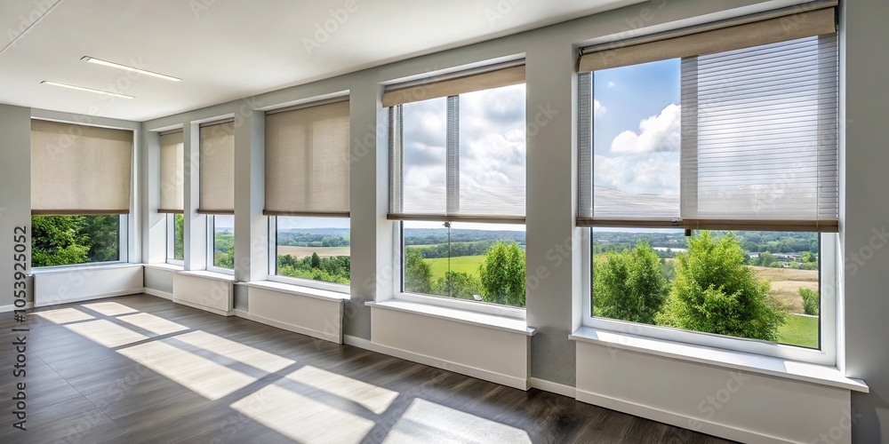 Fototapeta premium Roller blind on modern windows with outside external blinds