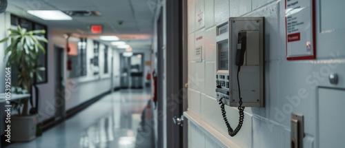 An empty hospital corridor lined with doors and safety signs, its quiet atmosphere interrupted by wall-mounted phones and glowing exit signs. photo