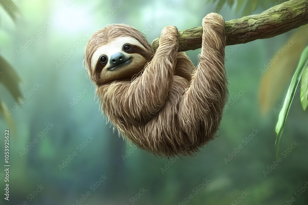 Naklejka premium funny sloth hanging on tree branch with copy space