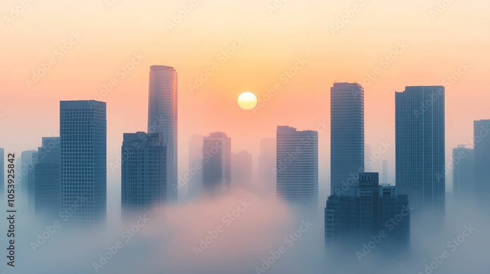 Smog-filled city skyline with the sun barely visible, illustrating global warming's impact on urban environments Smog-filled city skyline with the sun barely visible, illustrating global warming's impact on urban environments