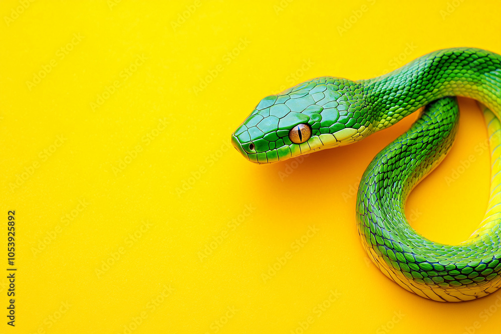 Naklejka premium green snake on yellow background with copy space