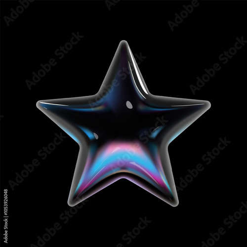 3d holographic glass star with glossy, reflective surface. Balloon bubble shape as a five-pointed star with neon gradient colors and dispersion light. Isolated vector design element in Y2K style