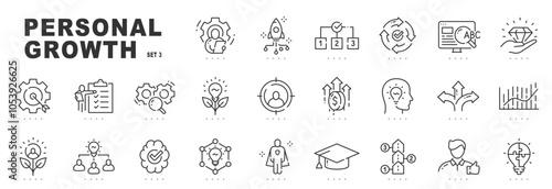 Set of personal growth related line icons. Development, improvement, achievement, upskill etc. Editable stroke. Set 3