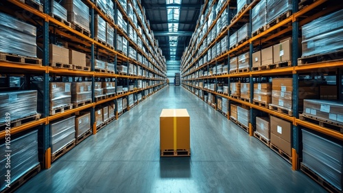 Warehouse interior with stacks of pallets and a single box in focus on the floor.