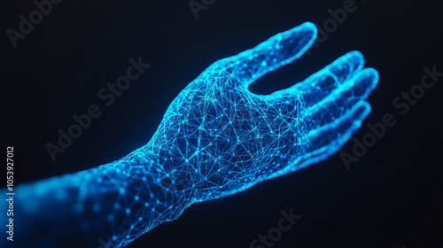 A digital representation of a hand with glowing blue lines and nodes, symbolizing technology and connectivity, on a dark background.