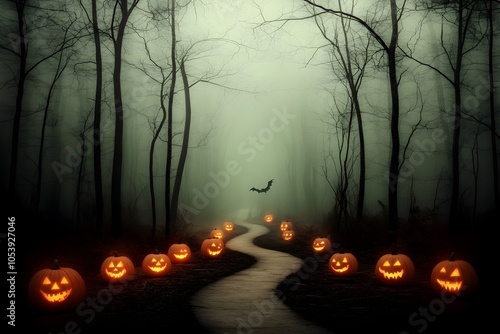 Haunting autumn forest scene with gnarled bare trees reaching towards the sky a winding path lined with glowing jack o  lanterns and ghostly figures drifting between the shadows photo