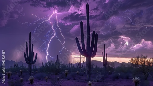 Multiple lightning bolts striking over a desert with saguaro cacti, creating a dramatic scene under a purple stormy sky.

