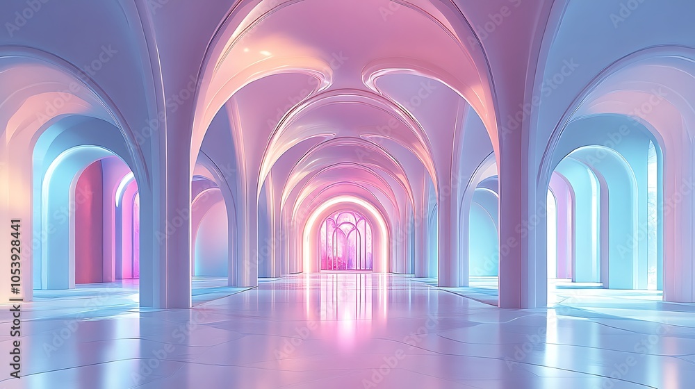 Fototapeta premium Abstract 3d render of a spacious hall with light pink purple and blue colors