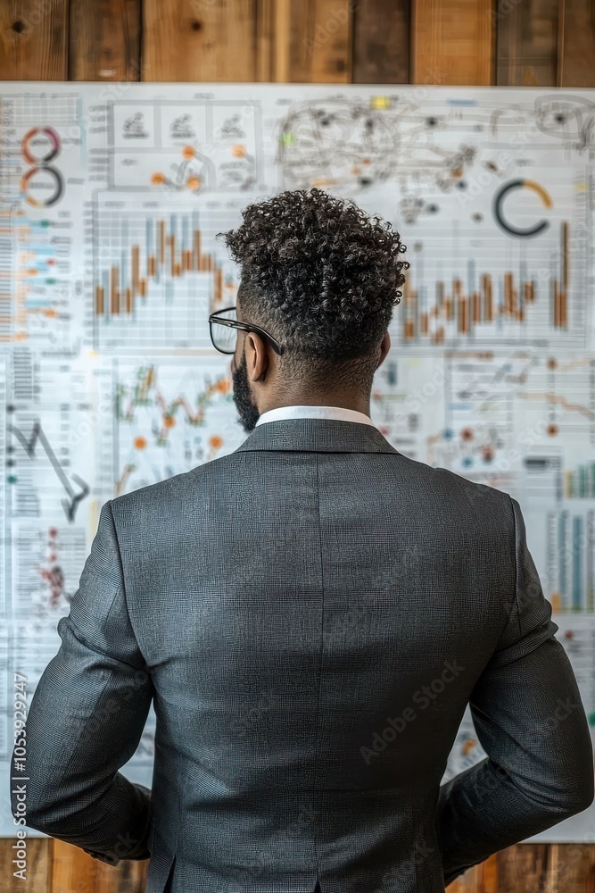 A businessman stands in a professional setting, analyzing complex data visualizations and graphs on a wall chart, emphasizing strategic planning and analytics. A businessman stands in a professional setting, analyzing complex data visualizations and graphs on a wall chart, emphasizing strategic planning and analytics.