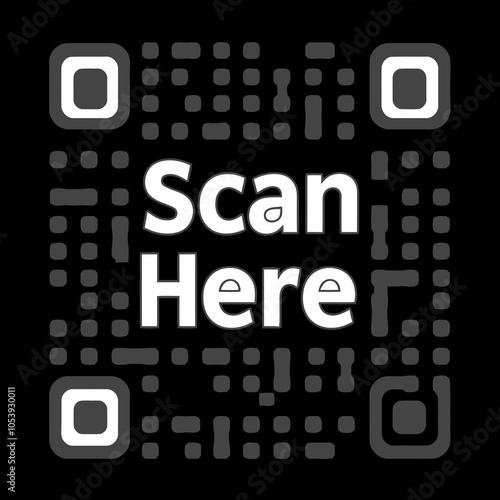 Scan here QR code blank frame. printable scan here sticker template for shop payment, website, app, ui. vector illustration on transparent background.