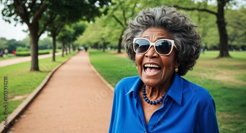 Excited Elderly African Woman with Curly Hair in Blue Blouse and Sunglasses on a Park Path
