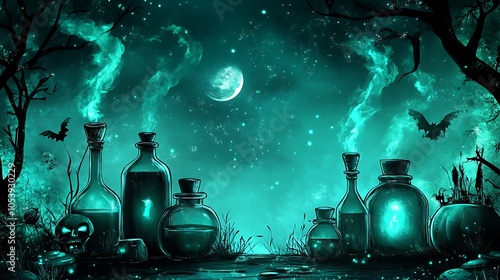 Halloween eerie teal vector backdrop featuring whimsical potion bottles
