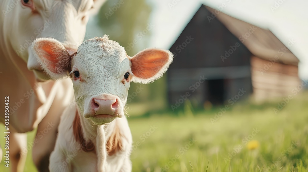 Fototapeta premium A young calf standing next to its mother in a green field, with a rustic wooden barn in the background