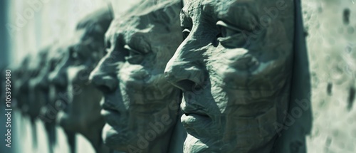 A row of stone-carved faces emerges from a weathered wall, their expressions telling timeless stories in a silent, solemn parade. photo