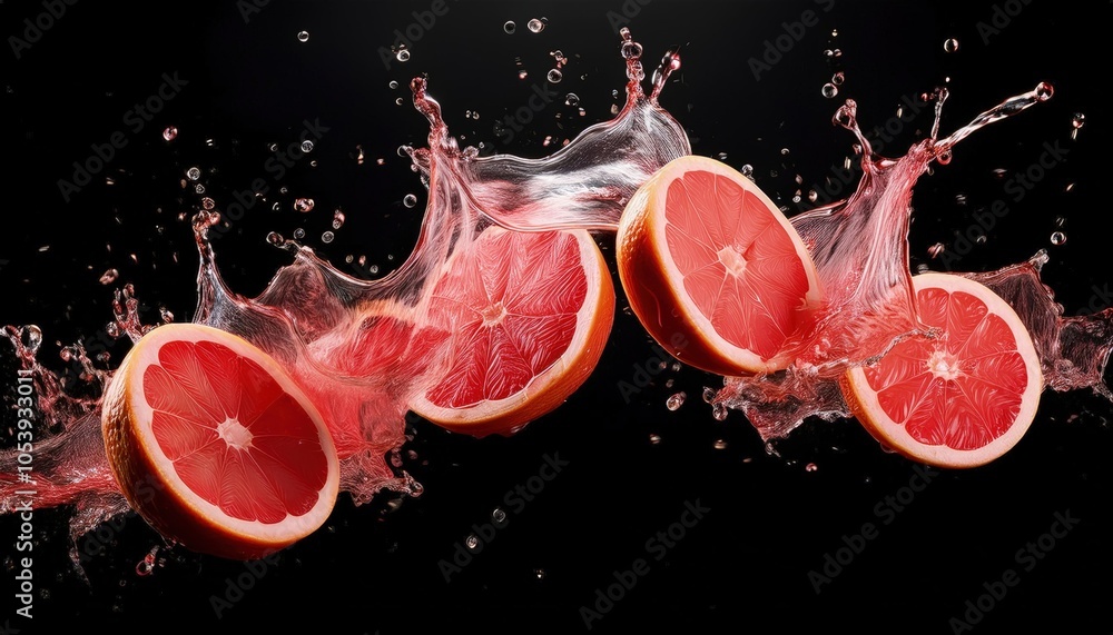 Grapefruit wedges in motion, appearing tossed with pink and red hues floating. Grapefruit wedges in motion, appearing tossed with pink and red hues floating.