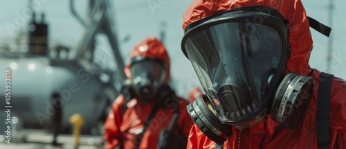 Workers in protective hazmat suits operate in an industrial zone under harsh conditions, prioritizing safety and diligence. photo