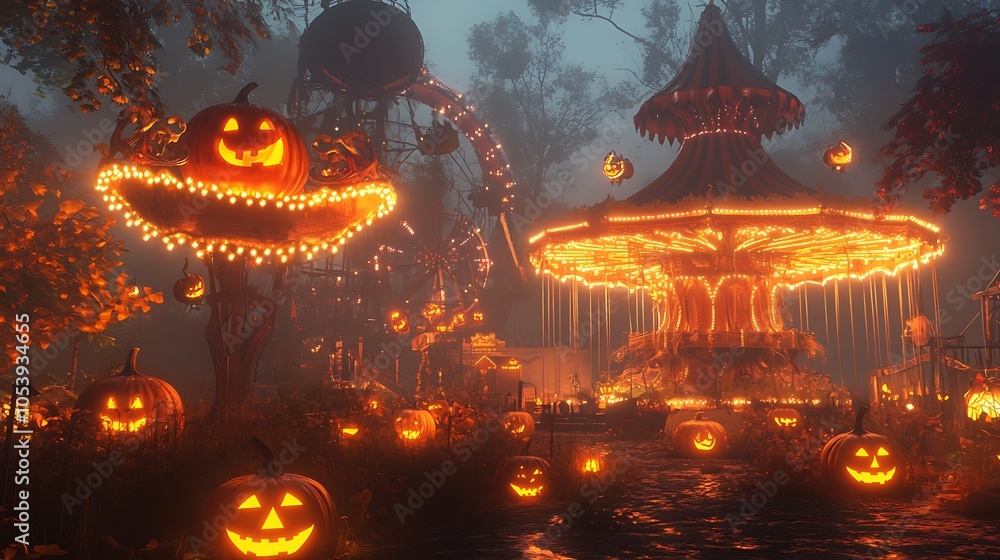 Fototapeta premium Halloween haunted carnival with eerie rides and flickering lights
