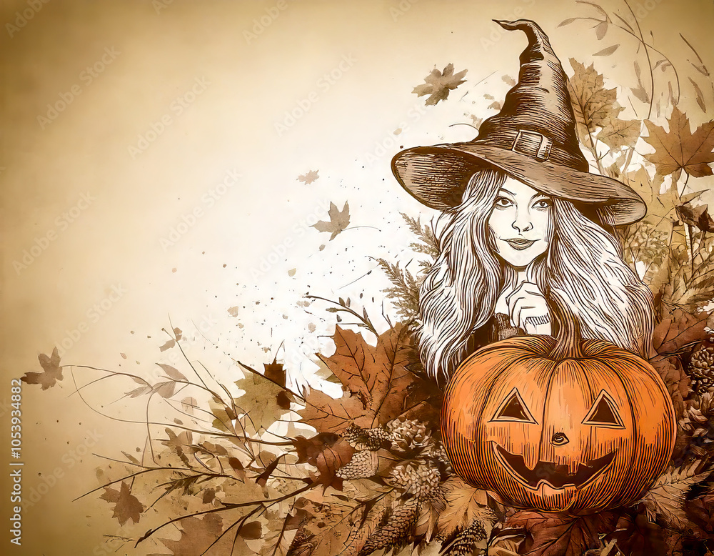 Fototapeta premium halloween background with pumpkin and witch