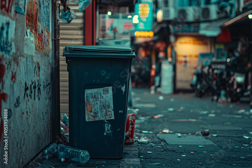 trashbin on the dirty street with copy space photo