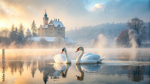 Fototapeta Naklejka Na Ścianę i Meble -  Romantic winter scene of symmetrical swans on icy lake with castle in background