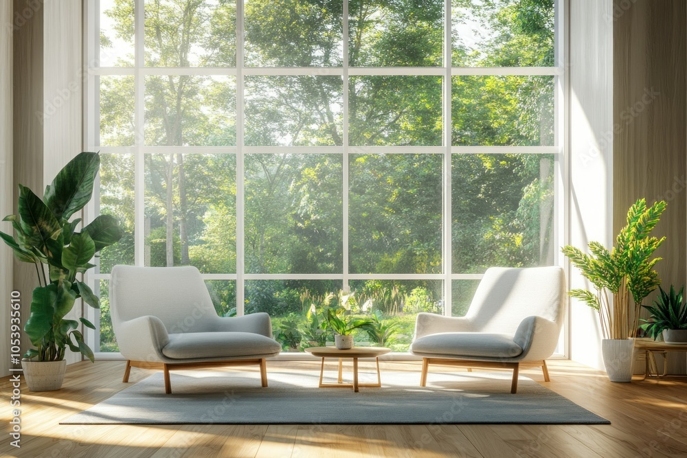 Bright Living Room with Modern Chairs and Greenery Bright Living Room with Modern Chairs and Greenery