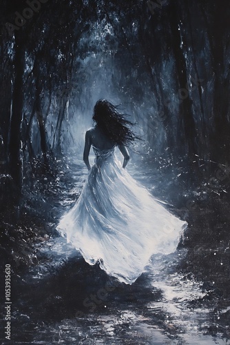 A mysterious woman in a flowing white dress wanders through a shadowy forest path embracing the enigmatic atmosphere of nature's embrace