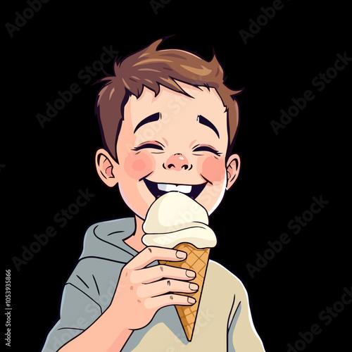 A kid eating a cone ice cream with very happy laughing face looking into the camera