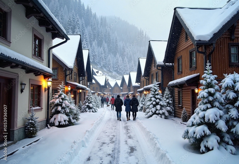 Fototapeta premium Charming winter stroll through a snow-clad village lined with cozy wooden homes at dusk