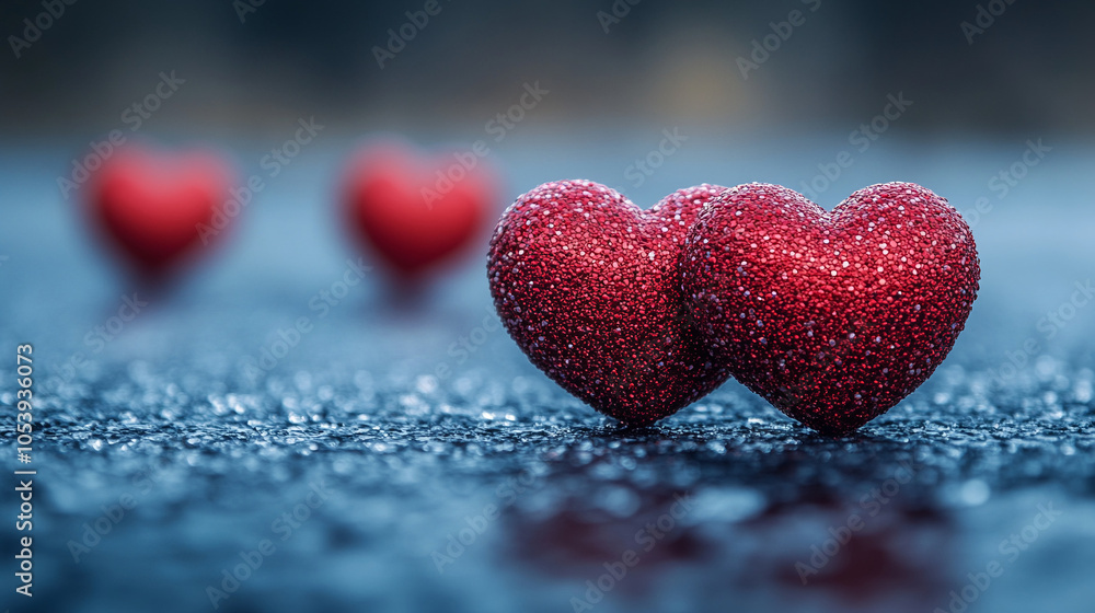 Fototapeta premium elegant Valentines day background with shiny red hearts against blue shimmer
