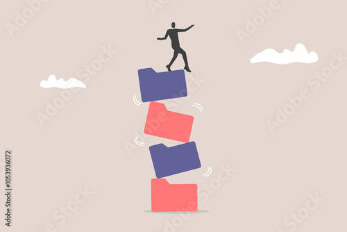 Employee standing on file folder stack shaking. concept of Workaholic, tired and exhausted from overworked, overload job