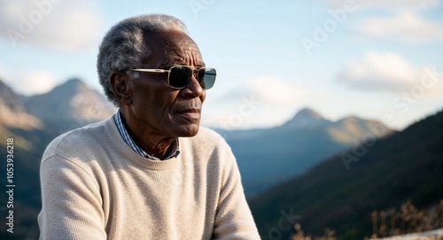 Pensive Elderly African Man with Gray Hair in Light Sweater and Sunglasses near Mountain View