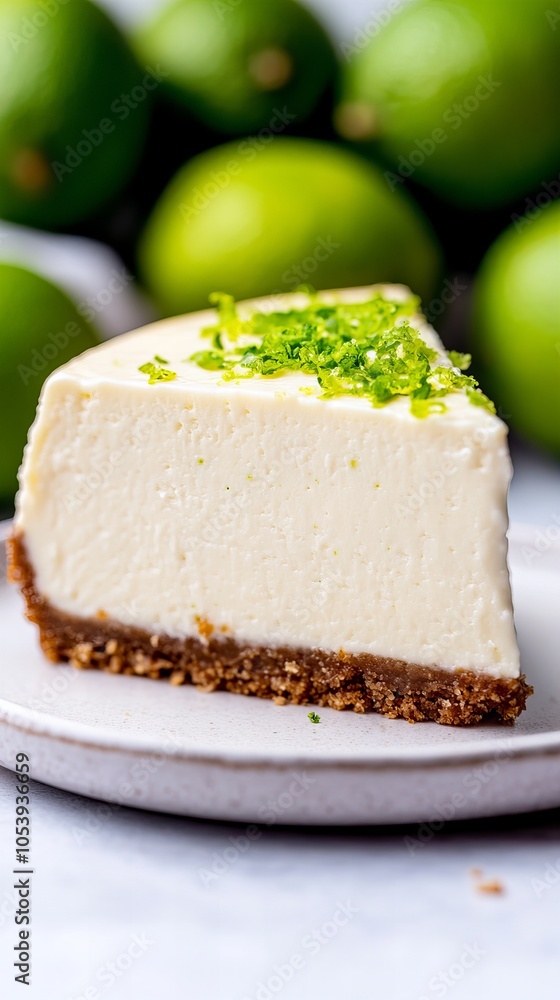 A slice of key lime pie with a graham cracker crust and topped with lime zest. The pie is sitting on a white plate with limes in the background. A slice of key lime pie with a graham cracker crust and topped with lime zest. The pie is sitting on a white plate with limes in the background.