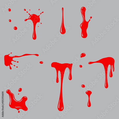 collection of red blood splatters, flowing bloody stains, splashes and drops. Trail and drips red blood close up.