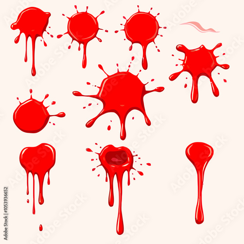 collection of red blood splatters, flowing bloody stains, splashes and drops. Trail and drips red blood close up.