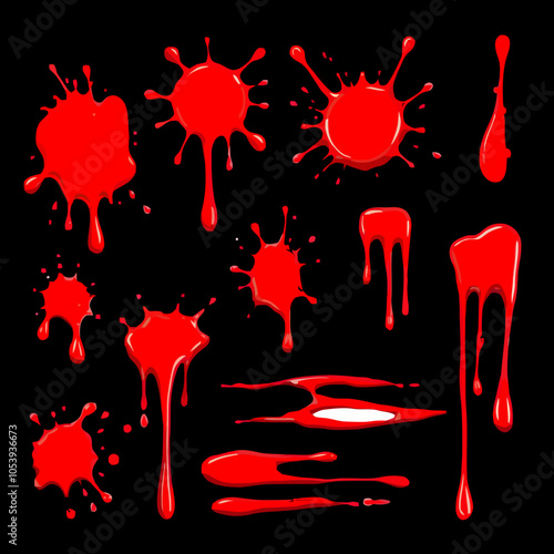 collection of red blood splatters, flowing bloody stains, splashes and drops. Trail and drips red blood close up.