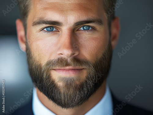 Close-up business headshot of a man with a beard in formal attire