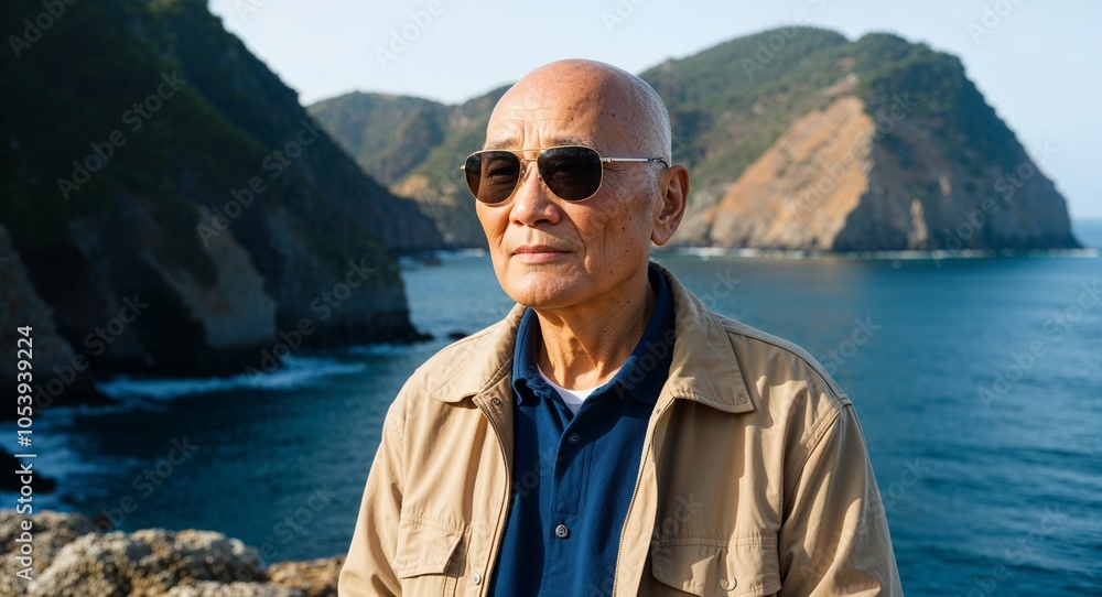 Fototapeta premium Calm Elderly Asian Man with Bald Head in Beige Jacket and Sunglasses near Coastal Cliffs